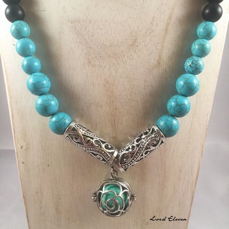 Howlite turquoise 10 mm obsidienne 10 mm cage arrgent tibétain