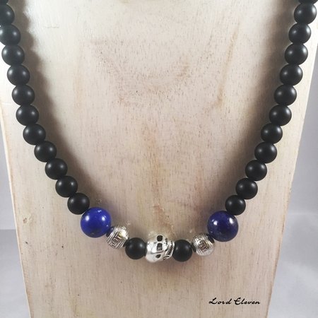 Obsidienne 10 mm  lapiz lazuli 12 mm perles argent 15 microns et skull